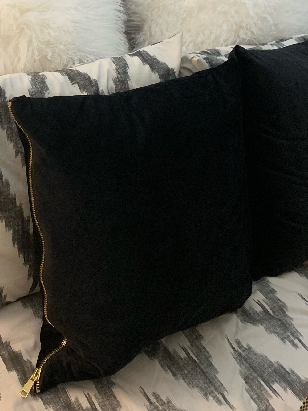 Set of 2 Black Velvet Decorative Pillows with Gold Zip Accent